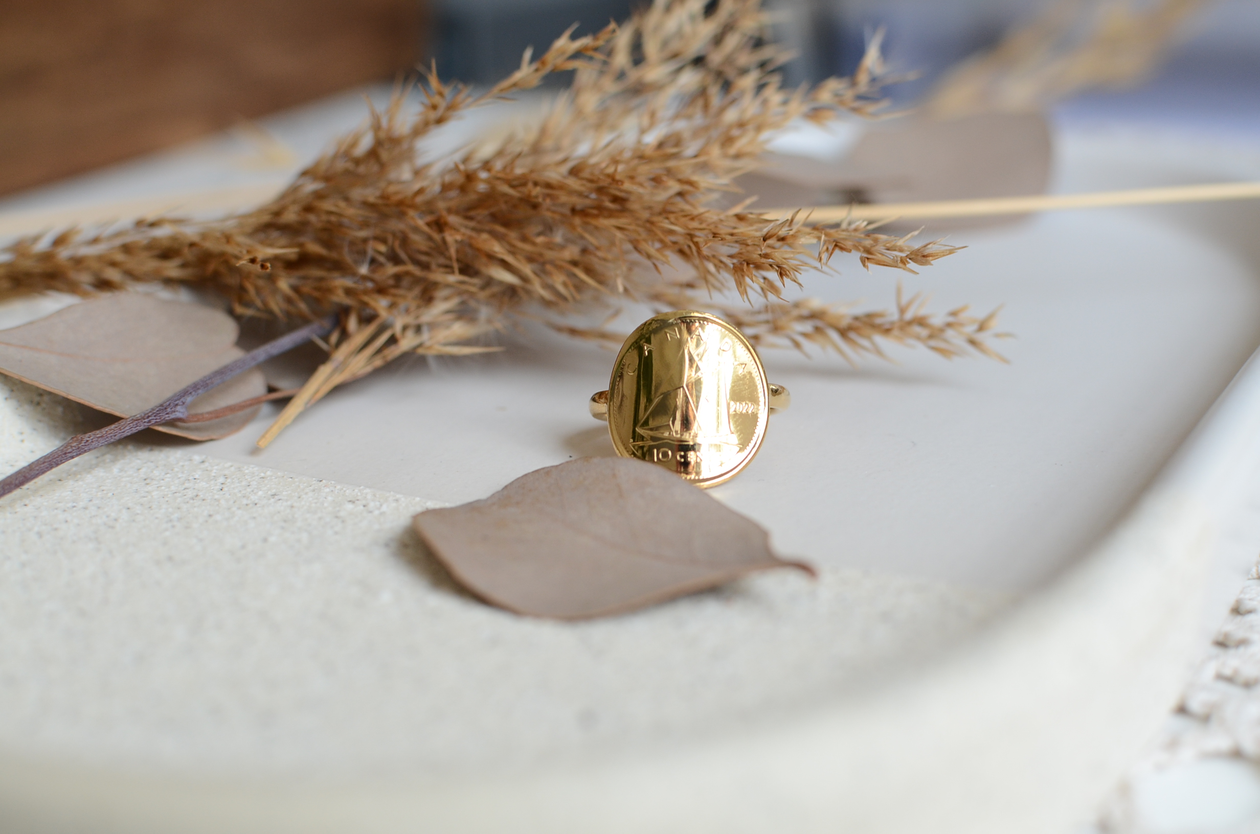 bague créée à partir d_une pièce véritable de 10 cents canadien. vous trouverez l'image emblématique de la goélette Buenos, symbole maritime du Canada. Sur l'autre face, vous pourrez admirer le portrait de la reine Élisabeth II.